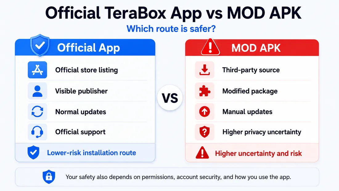 Safety 4 Official TeraBox app vs MOD APK comparison — publisher, updates, support, and risk differences