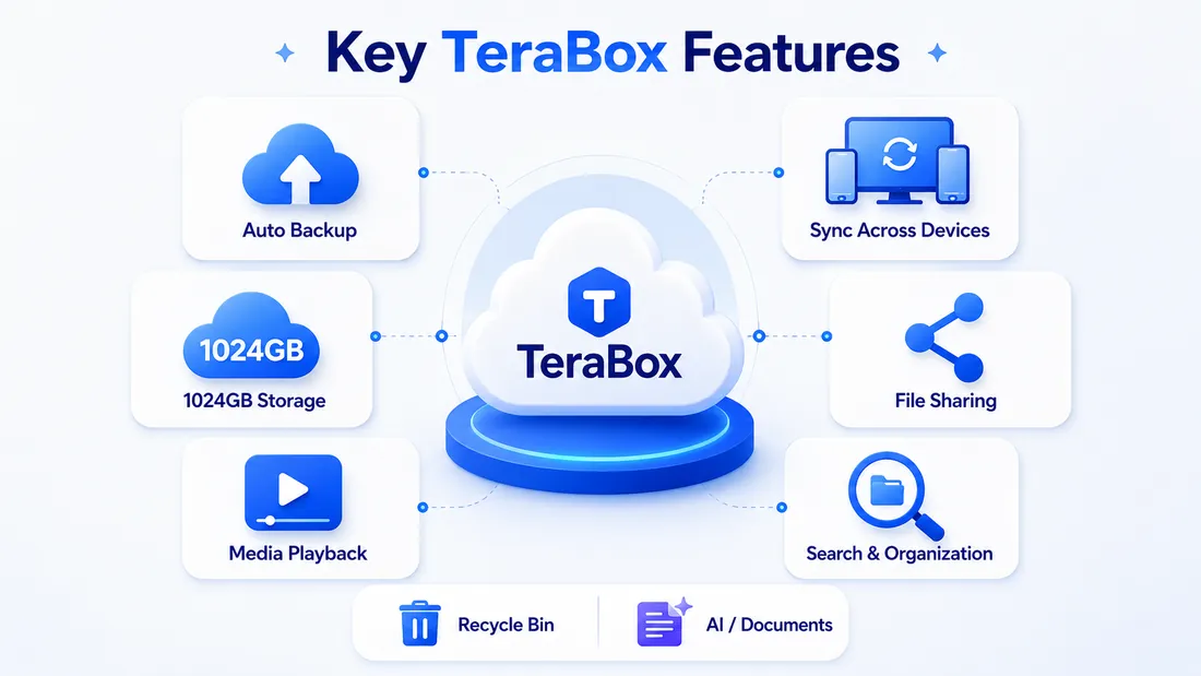 Key TeraBox features — auto backup, 1024GB storage, sync across devices, file sharing, media playback, search and organization, recycle bin, AI documents