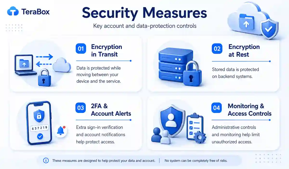 Safety 2 Documented TeraBox security measures including encryption, two-factor authentication and access controls