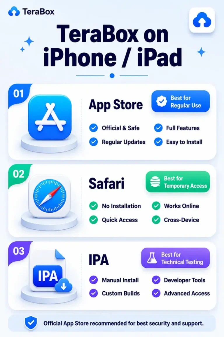 Three ways to use TeraBox on iPhone or iPad — official App Store app, Safari web access, and sideloaded IPA for advanced users
