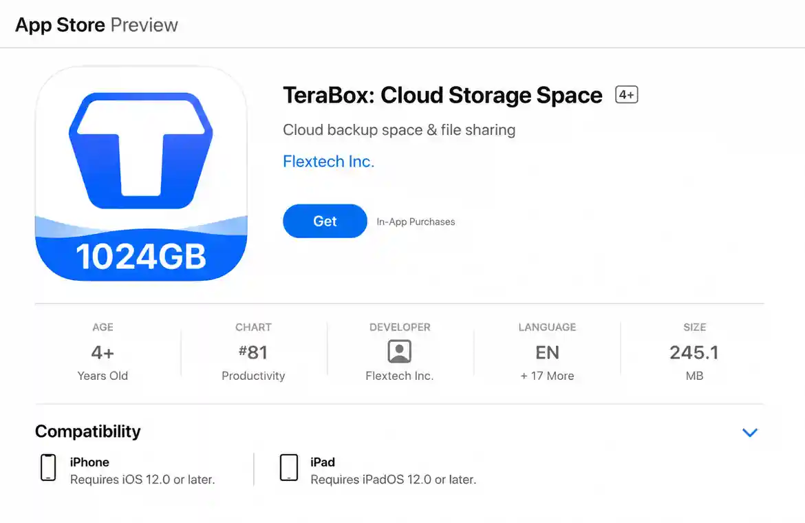 TeraBox listing in the Apple App Store for iPhone and iPad