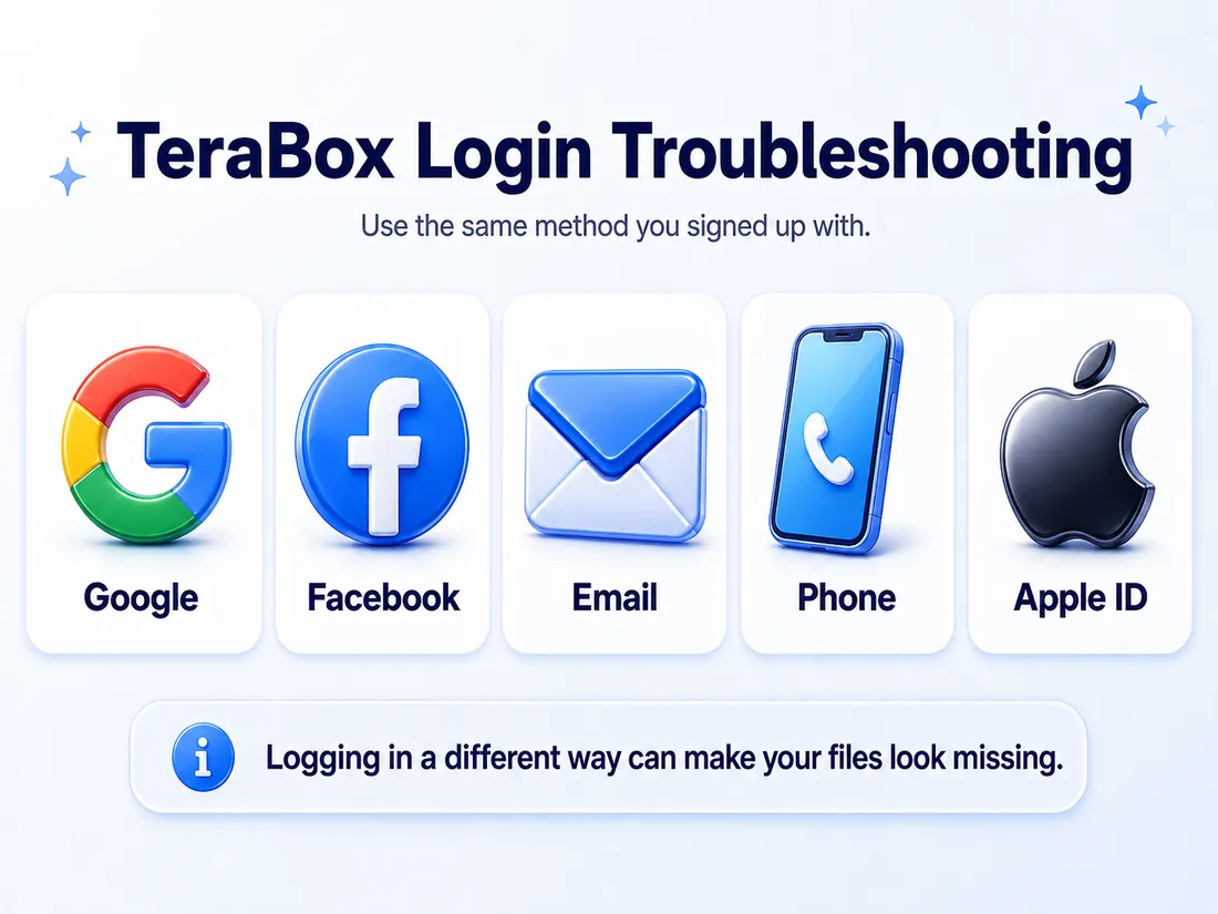 Troubleshooting 3 TeraBox login troubleshooting — use the same sign-in method you originally used, Google, Facebook, email, phone, or Apple ID