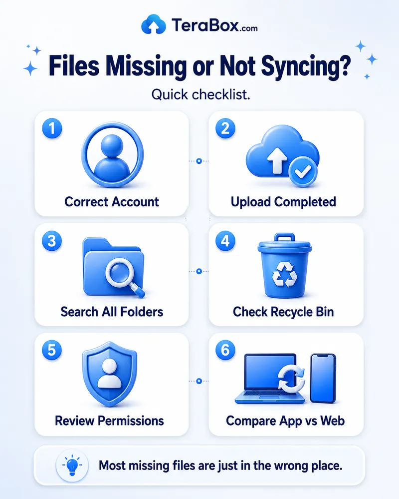 Troubleshooting 5 Files missing or not syncing checklist — correct account, upload completed, search folders, check recycle bin, review permissions, compare app vs web