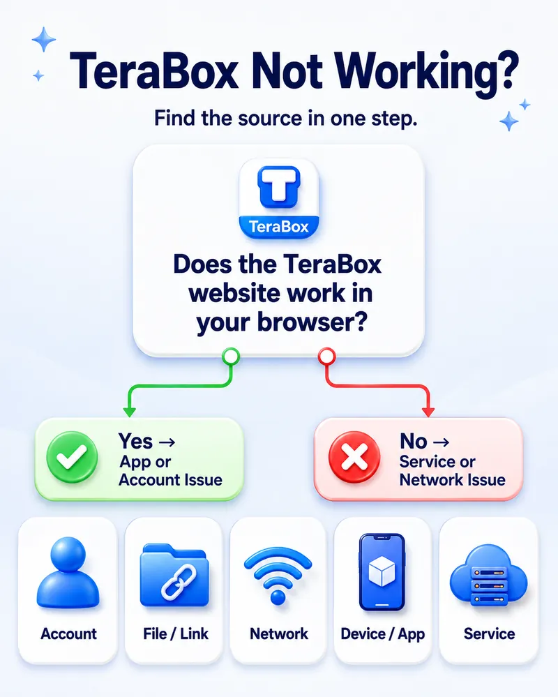 Troubleshooting 1 TeraBox not working diagnostic flowchart — check website, then narrow down to account, file/link, network, device/app, or service issue