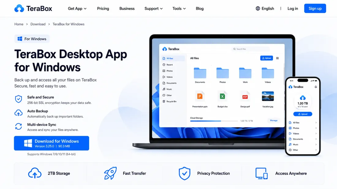 PC 2 TeraBox desktop app download page for Windows showing file manager and 2TB storage, fast transfer, privacy protection features