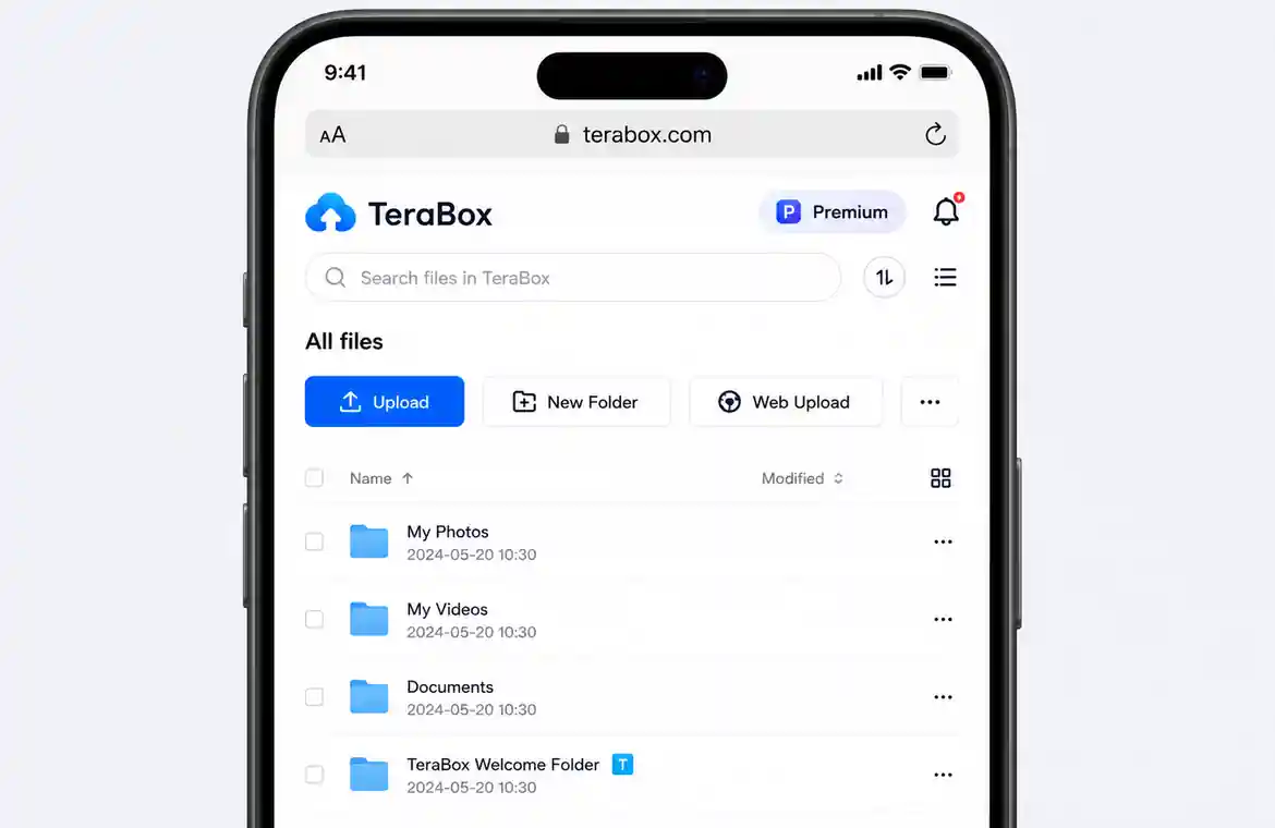 TeraBox web interface opened in Safari on an iPhone
