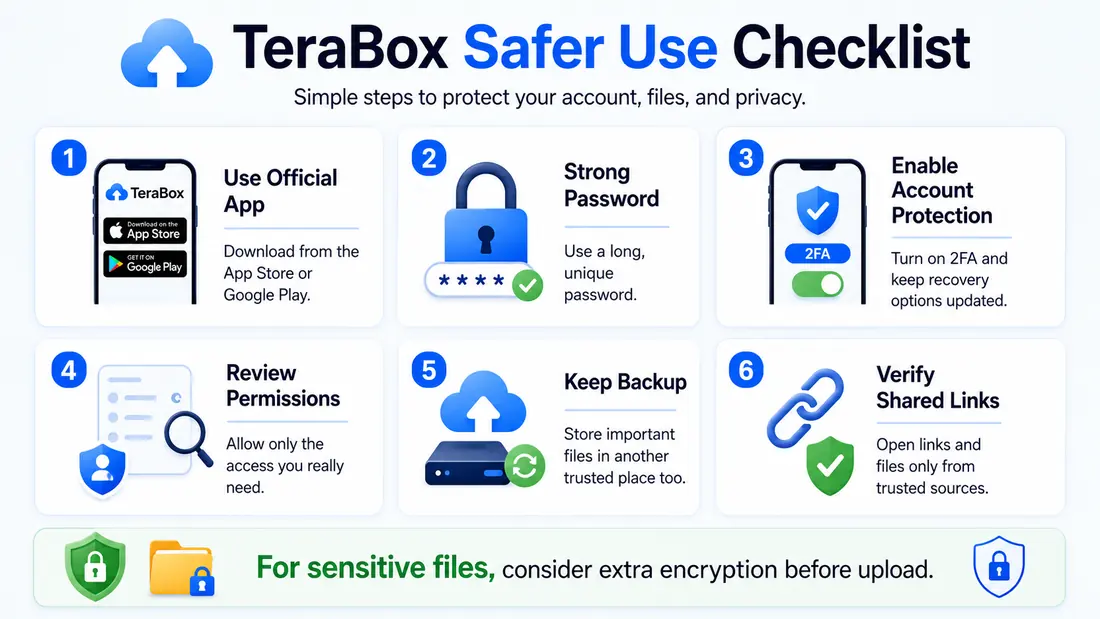 Safety 6 TeraBox safer use checklist — official app, strong password, 2FA, review permissions, backup, verify shared links